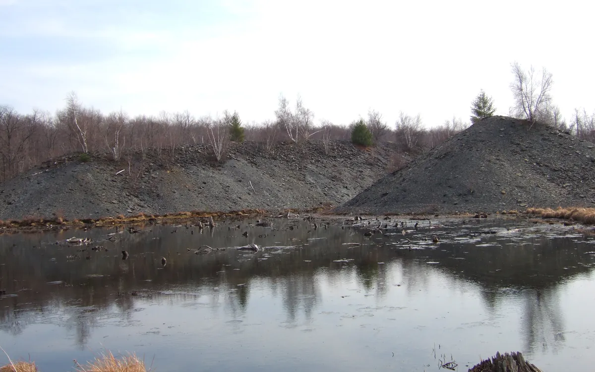 A pond of black coal sludge with heaps of coal waste behind it.