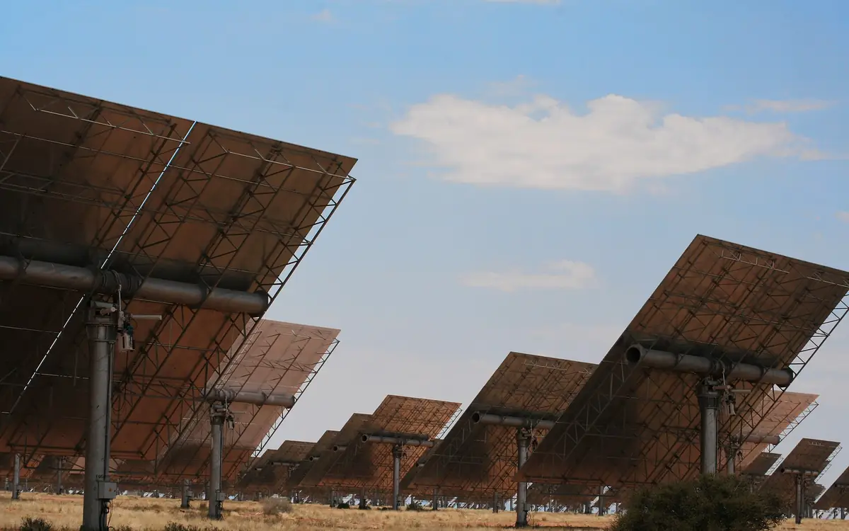 Rows of large solar mirrors on posts, tilted to the sky.