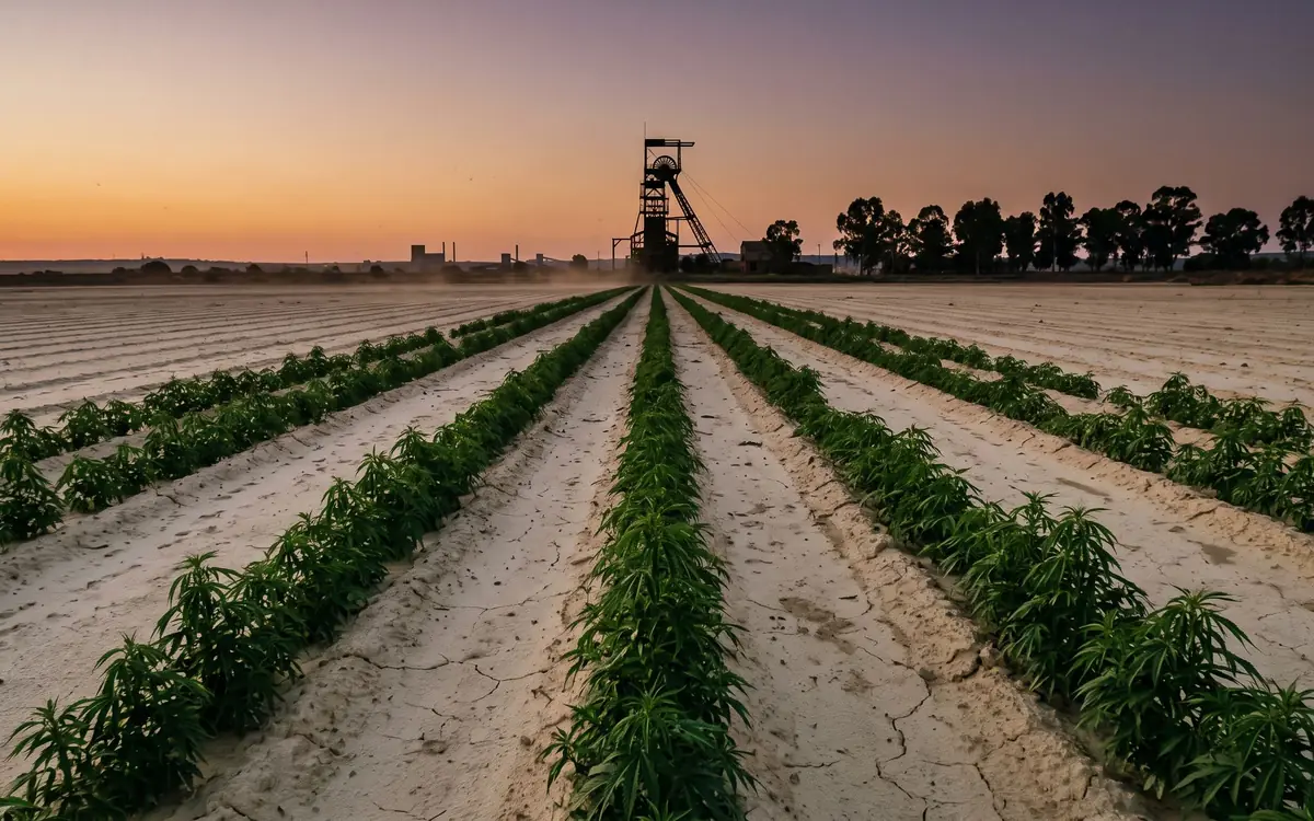 Rows of young hemp on pale soil at dusk, a mine headgear on the horizon.